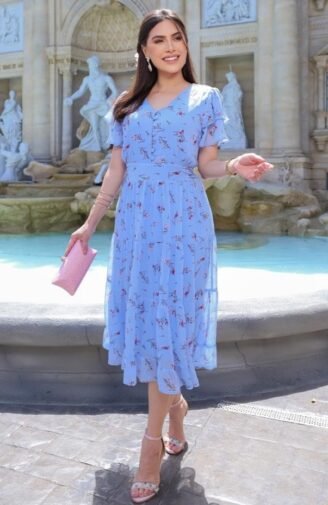 Vestido Evie em chiffon premium, forrado - Azul