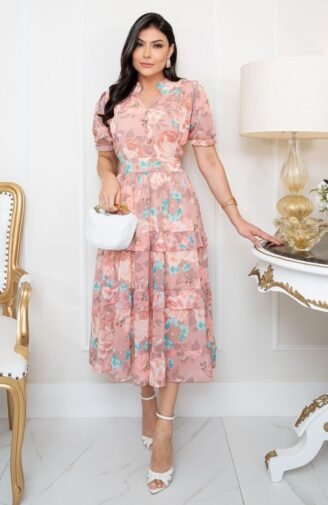 Vestido Sophie em chiffon premium, forrado - rosa