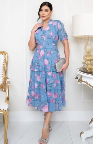 Vestido Sophie em chiffon premium, forrado - Azul