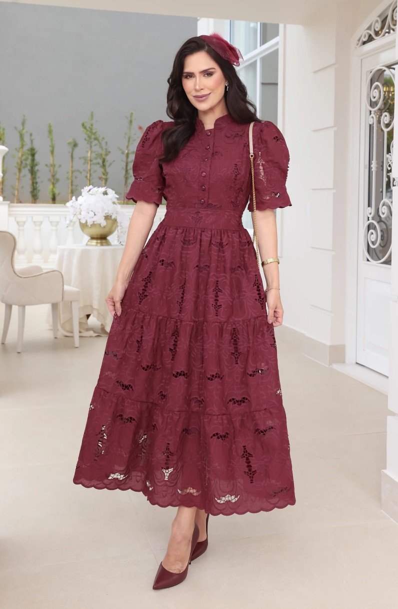 Vestido Emily VINHO em lese 100% algodão bordado, forrado - Imagem 3