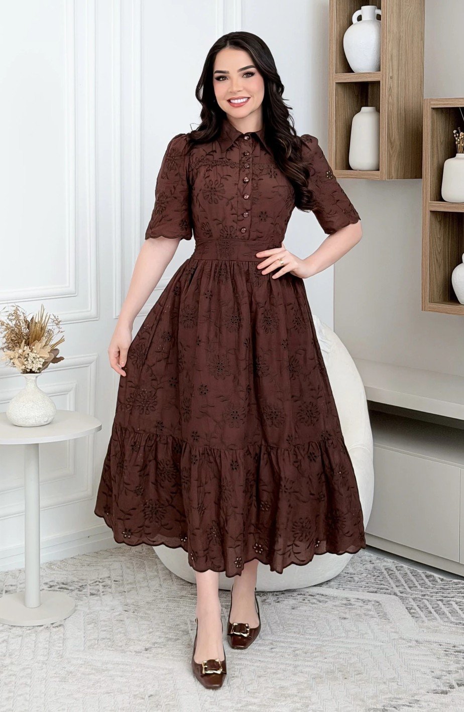 Vestido Luane em lese 100% algodão bordado, forrado - P ao GG - Imagem 2