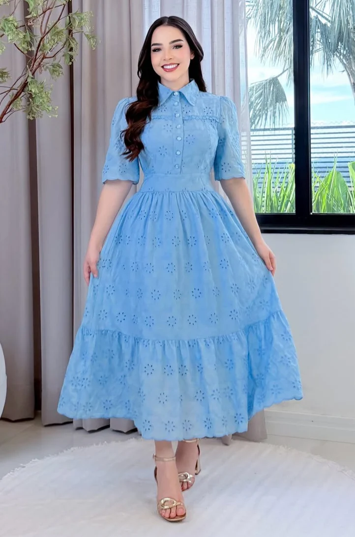 Vestido Luane em lese 100% algodão bordado, forrado - P ao GG - Imagem 7